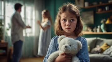 The young girl clutches her teddy bear amidst family tension and uncertainty photo