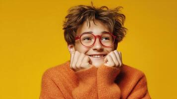 The cheerful child with glasses gives an expressive, joyful smile against a vibrant backdrop. photo