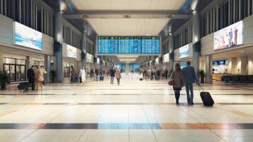 The bustling airport terminal filled with travelers and digital displays. photo