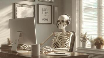 The humorous skeleton enjoying remote work in a cozy home office. photo