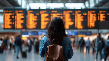 The traveler waiting in an airport terminal gazing at flight information screen. photo
