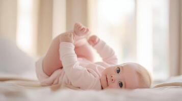 The adorable baby enjoying a peaceful moment on a soft bed photo