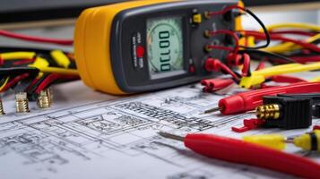 The multimeter and tools on a blueprint for electrical inspection and design. photo