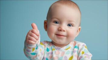 The happy baby giving a thumbs-up against a soft blue background. photo
