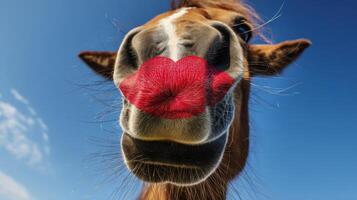 The horse with a playful kiss mark on its nose against a blue sky. photo