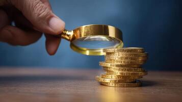 The hand holding a magnifying glass inspecting a stack of golden coins. photo