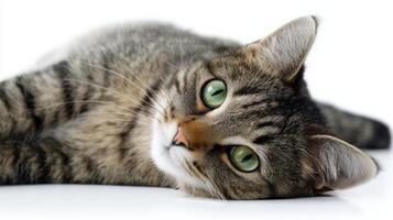 The adorable tabby cat relaxing comfortably on a smooth surface. photo