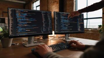 The developer working with dual monitors in a modern office environment. photo
