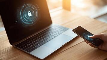 The modern smartphone and laptop showcasing digital security features and privacy protection. photo