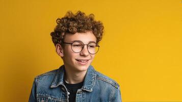 The young boy with curly hair smiling against a bright yellow background. photo