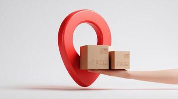 The Hand Holding Packages Near a Red Location Pin Icon for Delivery Concept photo