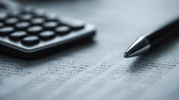 The calculator and pen resting on detailed financial documents photo