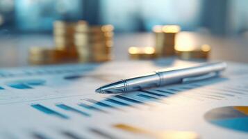 The pen resting on financial documents alongside golden coins and charts photo