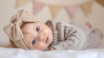 The adorable baby girl with a charming bow and cozy sweater. photo