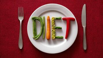 The Creative Arrangement of Vegetables Creating the Word 'DIET' on a Plate photo