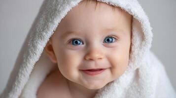 The adorable baby wrapped in a fluffy towel with a joyful smile. photo