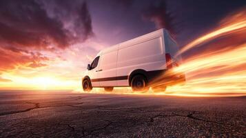 The van racing at sunset, showcasing speed and dynamic energy on the road. photo