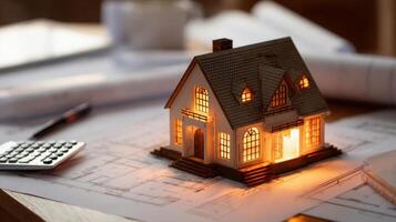 The illuminated model home showcasing architectural design and cozy ambiance. photo