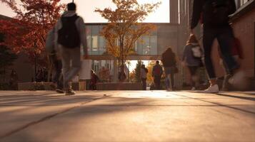 The bustling campus scene with students enjoying a sunny autumn day. photo