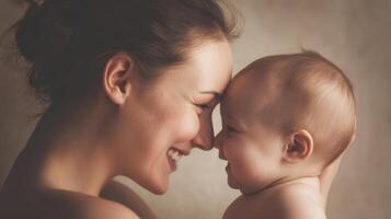 The affectionate moment between a mother and her joyful baby. photo