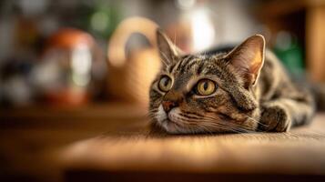 The charming tabby cat relaxing on a wooden table in soft light. photo