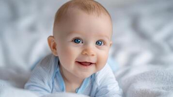 The cheerful baby with bright blue eyes and an infectious smile. photo