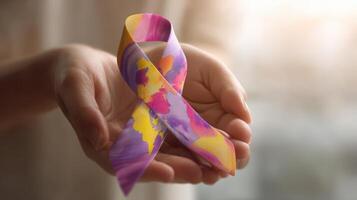 The colorful awareness ribbon held delicately in a supportive hand. photo