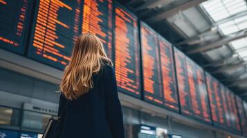 The woman gazing at the flight information display in a busy airport terminal. photo