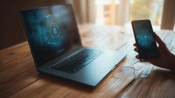 The laptop and smartphone showcasing advanced digital security features on a wooden table. photo
