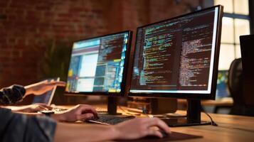 The coder's workspace illuminated by multiple screens showcasing programming activity. photo
