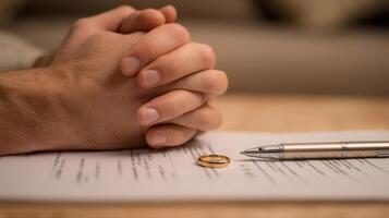 The hands of contemplation holding a wedding ring beside a divorce document. photo
