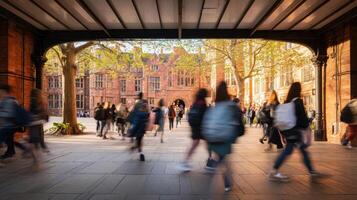 The bustling university campus with students moving through the historic archway. photo