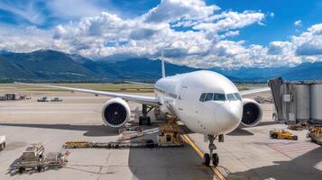 The airplane at the airport with stunning mountain backdrop and vibrant clouds. photo