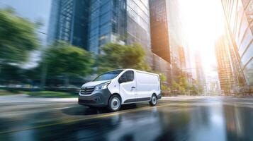 The sleek white delivery van speeding through a modern cityscape. photo