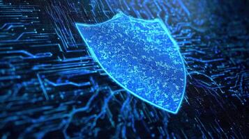 The digital blue shield representing advanced cybersecurity and data protection. photo