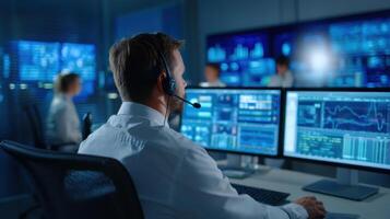The focused operator monitors data in a high-tech control room environment. photo