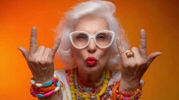 The vibrant elderly woman expressing joy with playful hand gestures. photo