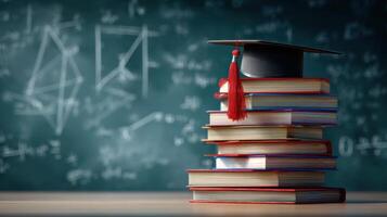 The graduation cap atop a stack of books on a classroom desk. photo