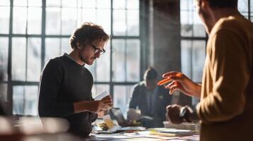 The engaged man collaborating creatively in a modern office space. photo
