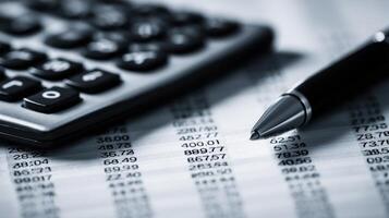 The calculator and pen on financial spreadsheet for business analysis. photo