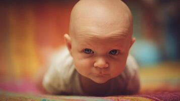 The adorable baby displaying a curious expression on a colorful blanket. photo