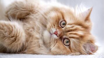 The adorable Persian cat relaxing on a soft surface looking playfully at the camera. photo