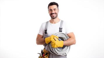 The skilled electrician holding cables and tools with a confident smile. photo