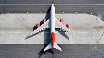 The airplane parked on the runway viewed from above showcasing modern aviation design. photo