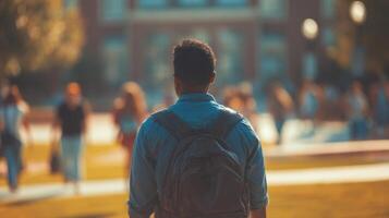 The student walking through a bustling campus on a sunny day photo