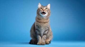 The playful cat sitting against a vibrant blue background with a joyful expression. photo