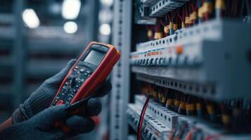 The electrician using a multimeter for electrical circuit testing in a workshop photo