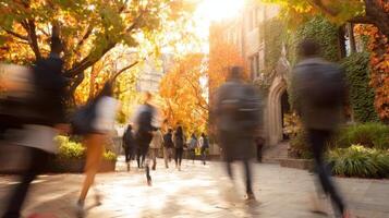 The students enjoying a vibrant autumn day on a university campus. photo
