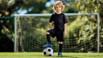 The young athlete confidently stands on a soccer ball, ready for action. photo