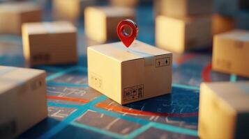 The package with a location marker on a shipping map for delivery tracking. photo